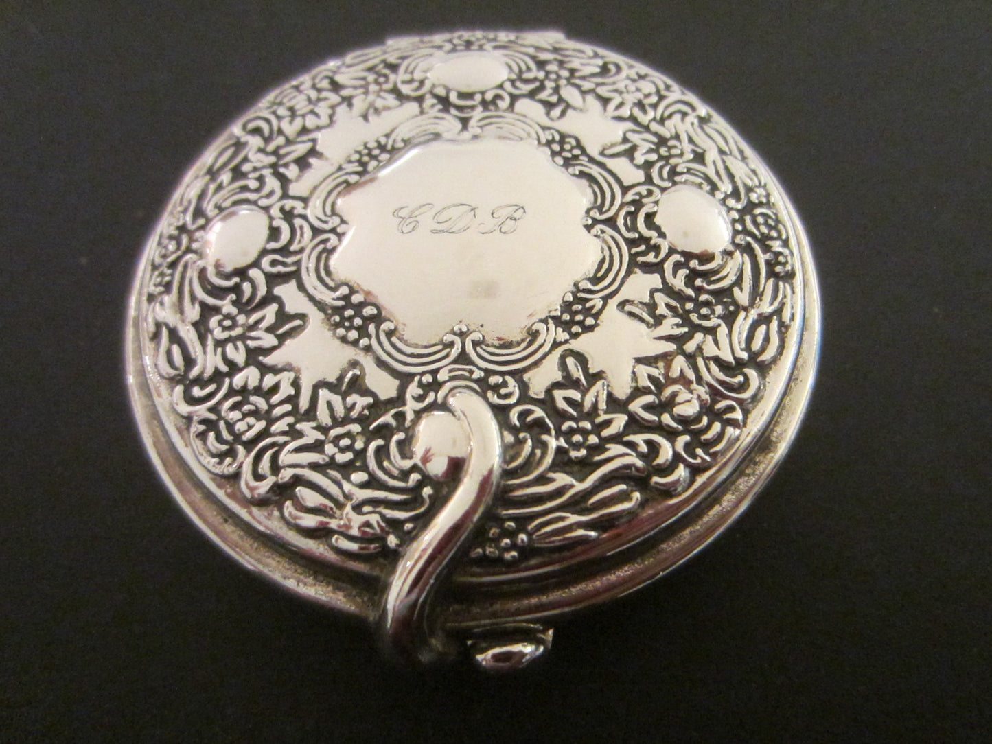 Silver Plated Miniature Monogrammed Mid Century Mirror Compact