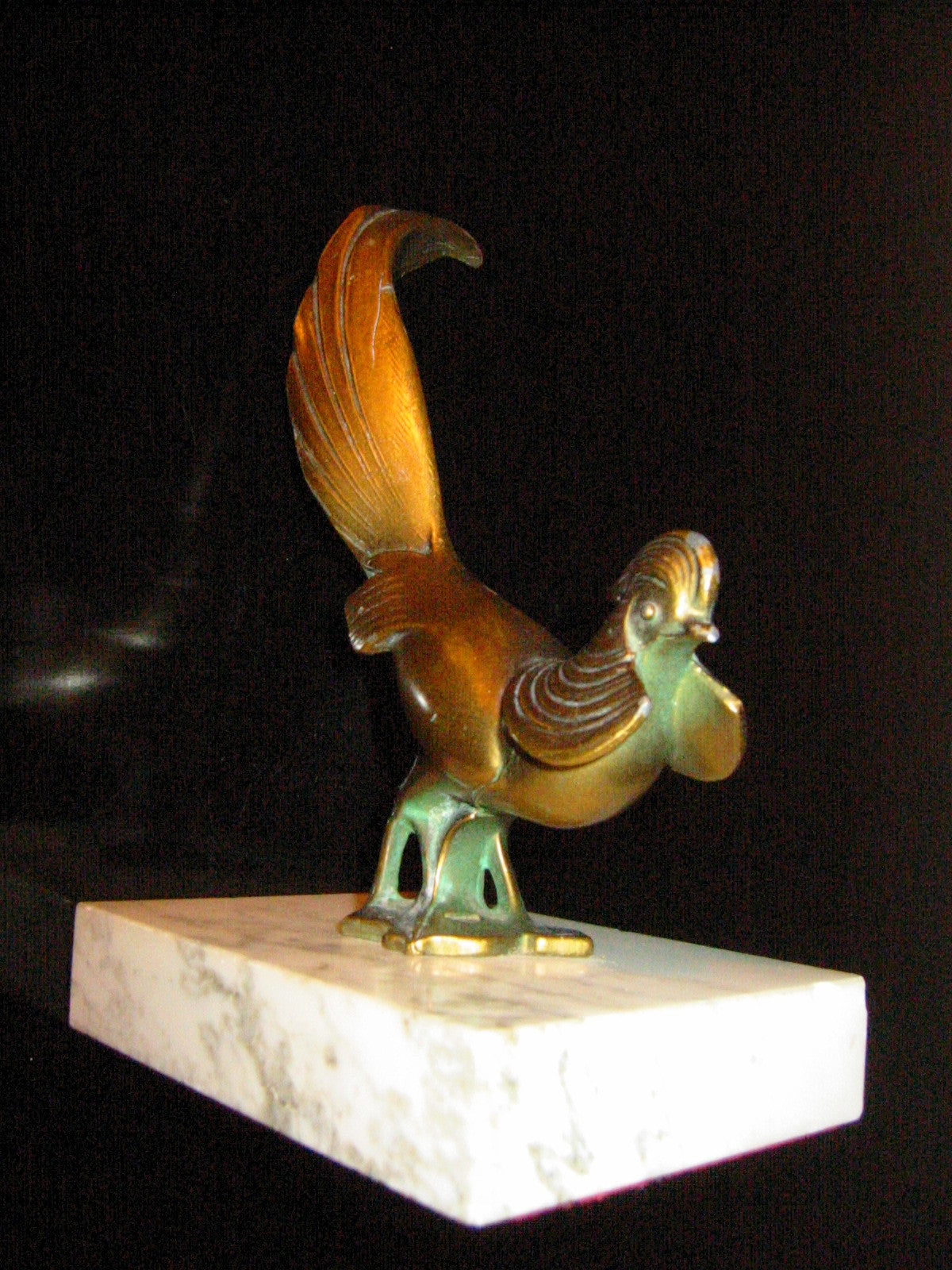 Bronze Rooster Folk Art Sculpture White Marble Stand - Designer Unique Finds 
 - 2