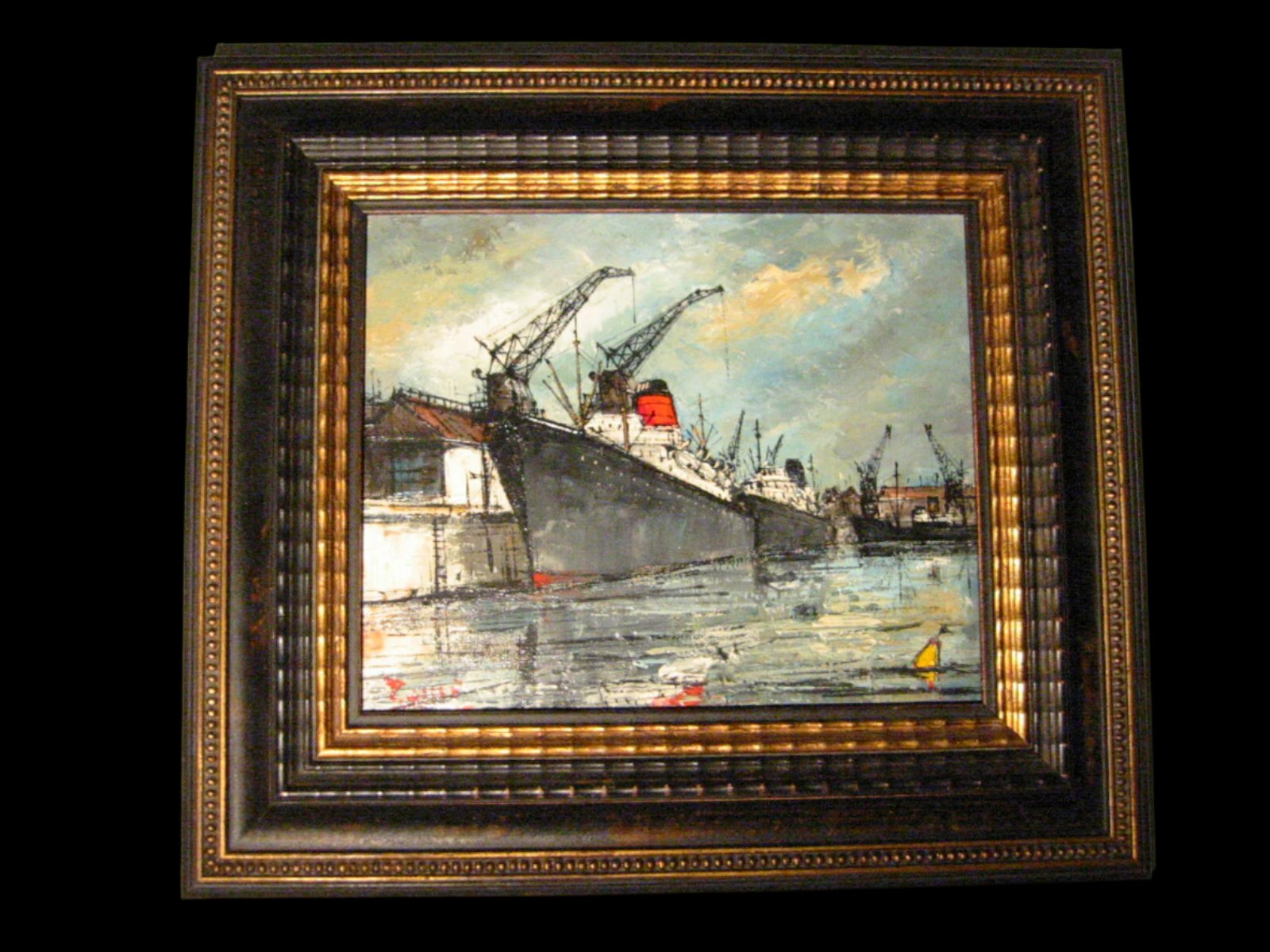 Purille Titled Port Du Havre Maritime French Harbor Boat Seascape Oil On Canvas - Designer Unique Finds 