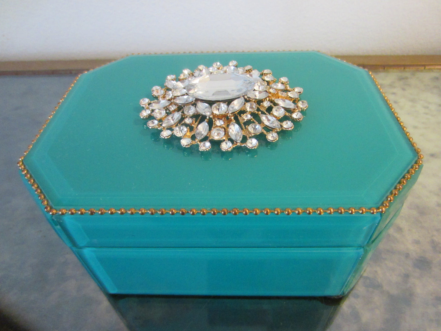 Blue Hexagonal Jewelry Box Center Sparkling Medallion - Designer Unique Finds 