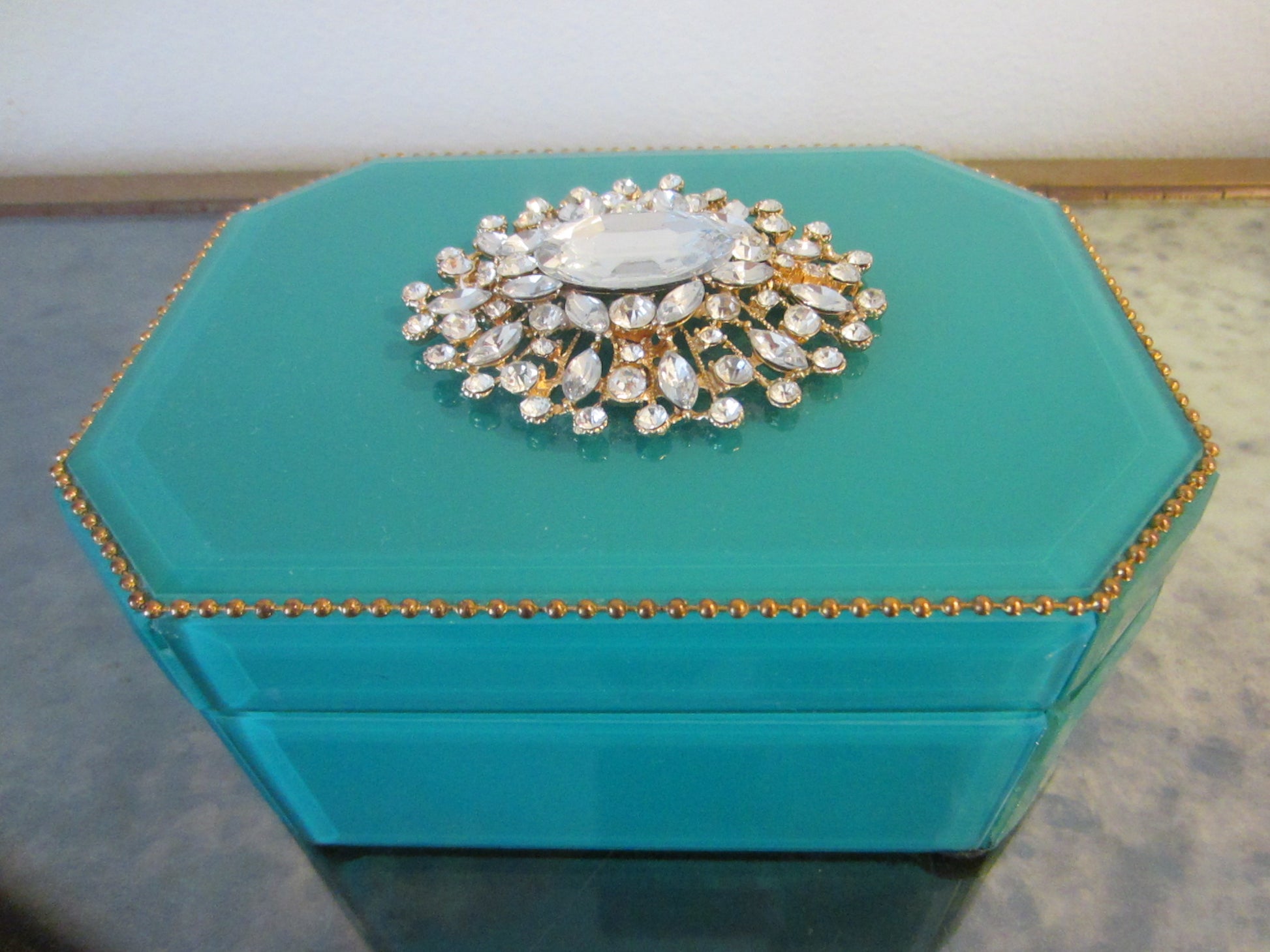 Blue Hexagonal Jewelry Box Center Sparkling Medallion - Designer Unique Finds 