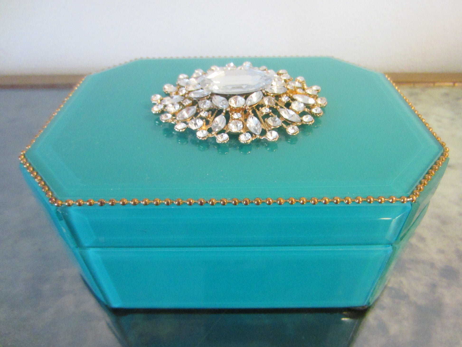 Blue Hexagonal Jewelry Box Center Sparkling Medallion - Designer Unique Finds 