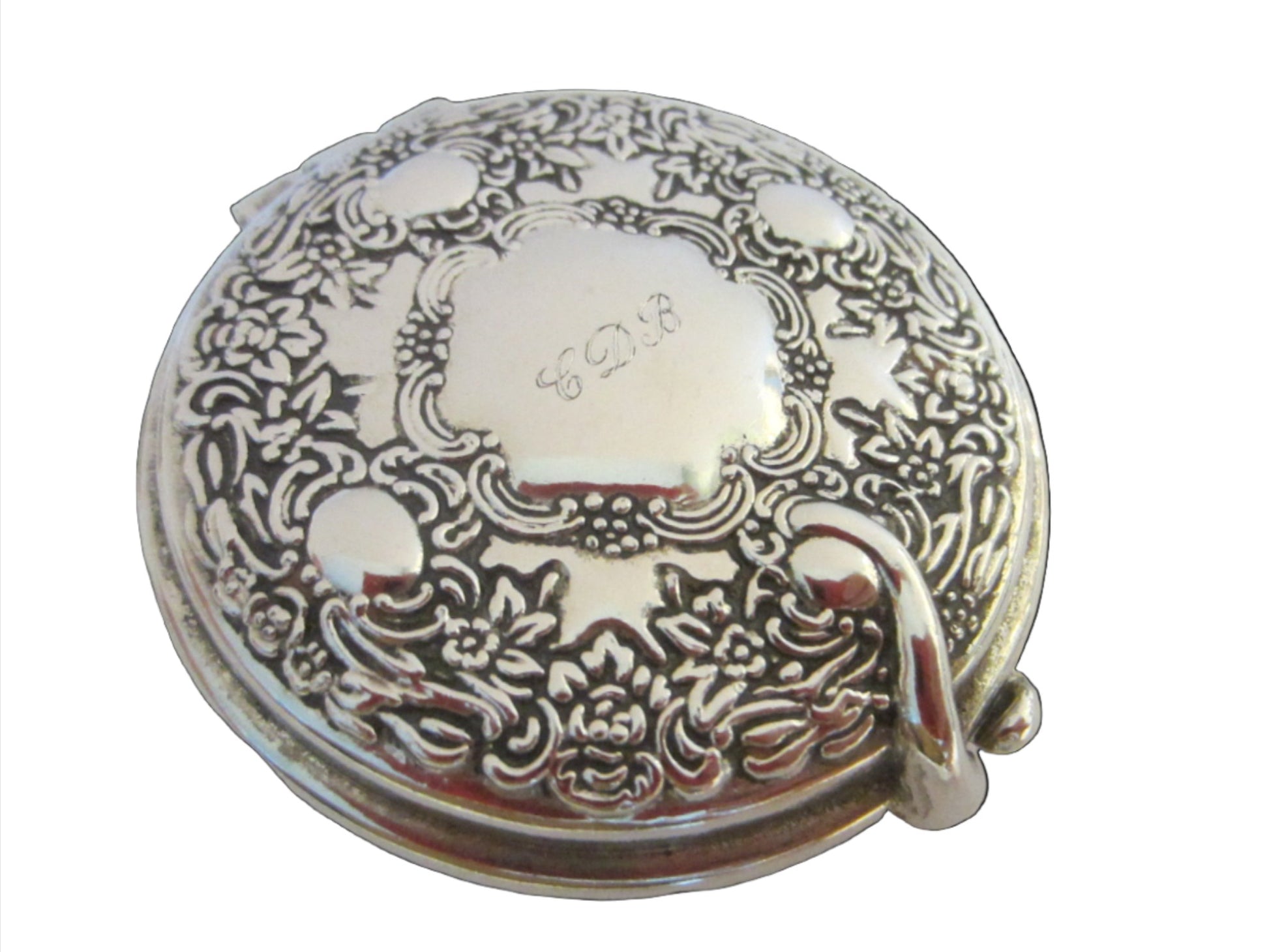 Silver Plated Miniature Monogrammed Mid Century Mirror Compact