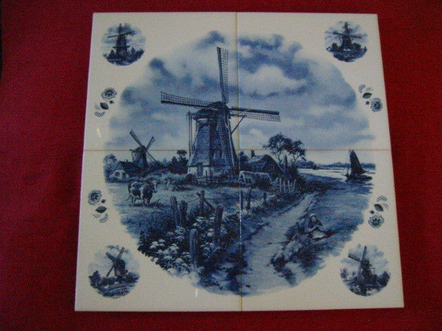 JC Van Hunnik Dutch Transferred Blue Windmill Signed Porcelain Tile - Designer Unique Finds 