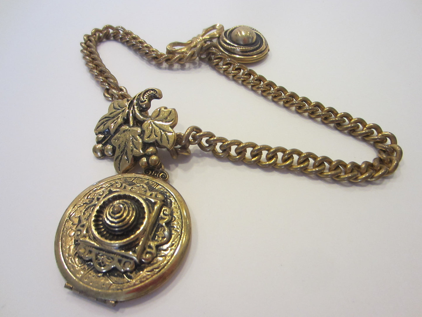 Grape Motif Victorian Brass Locket Brooch Clip Double Link Chains - Designer Unique Finds 