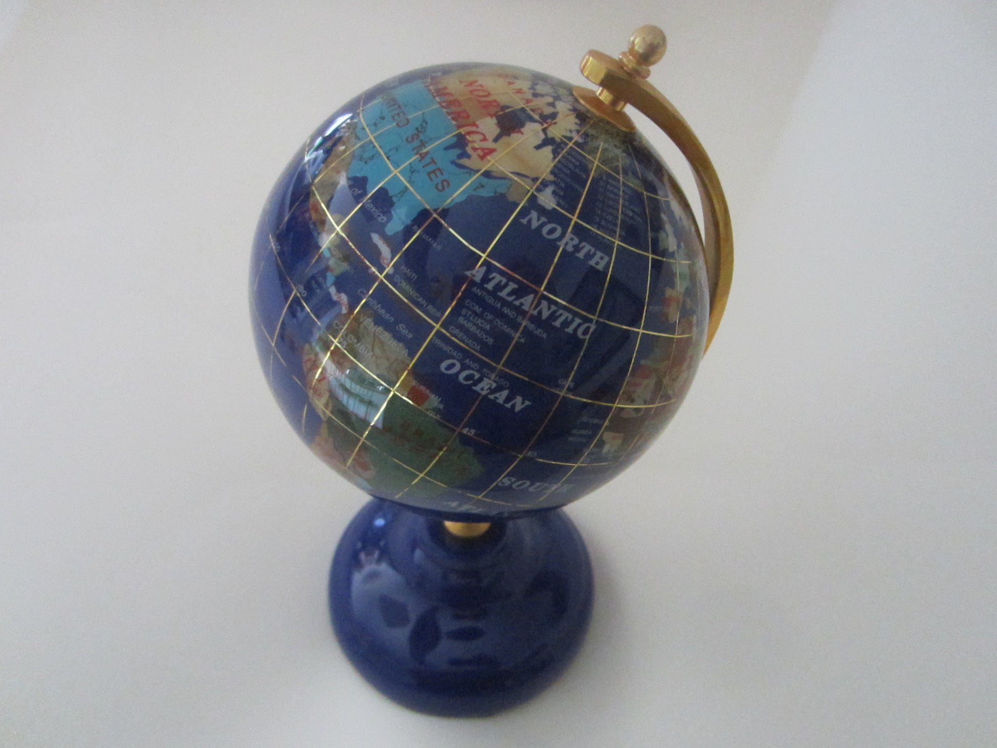 World Globe Cobalt Desktop Sculpture Brass Hardware Decorated Gems - Designer Unique Finds 