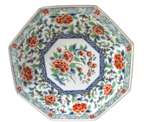 Imari Style Porcelain Charger Hexagonal Floral Medallion Gilt Decorated - Designer Unique Finds 