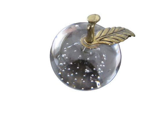 Crystal Apple Paperweight Controlled Bubble Brass Stem - Designer Unique Finds 