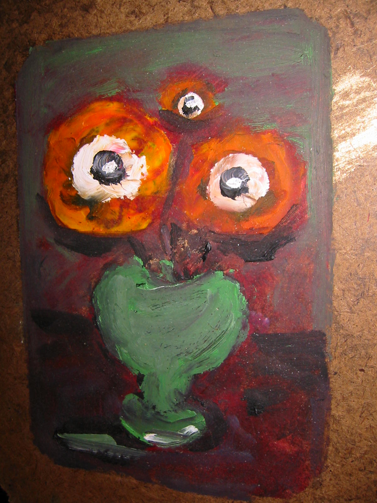 Roky Roka Still Life Flowers In Green Vase Primitive Cork Board