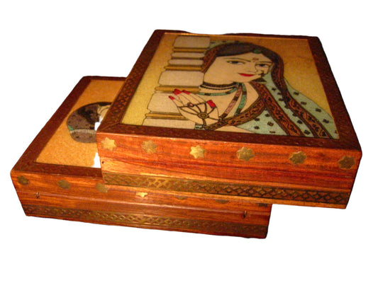 Glass Painted Portrait India Jewelry Boxes Inlaid Brass Stars