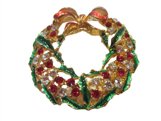 Jeweled Wreath Brooch Red Enamel Bow Crystal Floral Green Leaves - Designer Unique Finds 