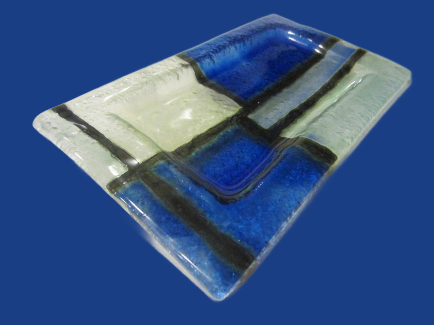 Venetian Glass Tray Blue Geometric Rectangle Dish - Designer Unique Finds 