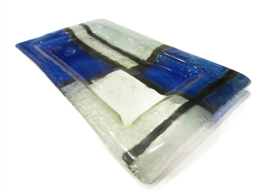 Venetian Glass Tray Blue Geometric Rectangle Dish - Designer Unique Finds 