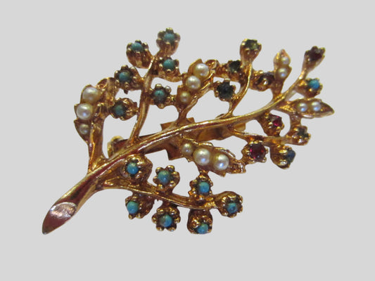 Gold Plated Leaf Brooch Decorated Turquoises Seed Pearls Ruby Stones - Designer Unique Finds 
 - 1