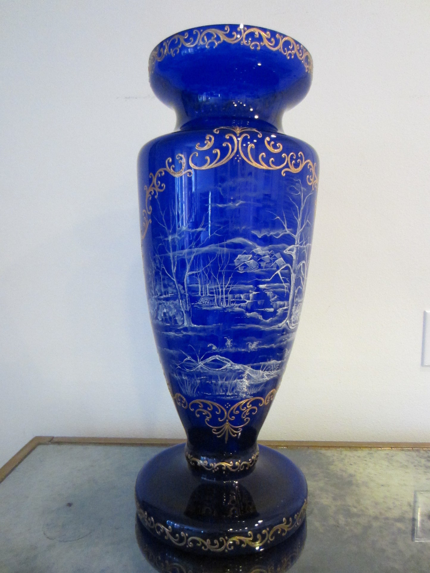 Snow Painted Cobalt Blue Glass Vase Gold Scrolled Relief Oriental Scene - Designer Unique Finds 