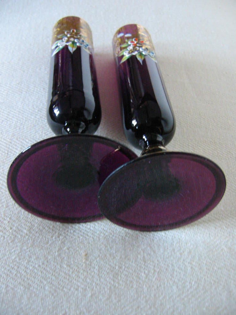 Bohemian Moser Style Stem Glass Eggplant Vases Porcelain Gold Enameling - Designer Unique Finds 
 - 4