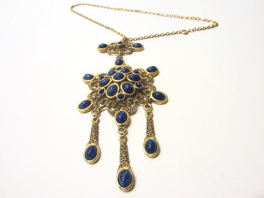 Starburst Necklace Blue Cabochons Flower Brass Pendant Chain Necklace - Designer Unique Finds 