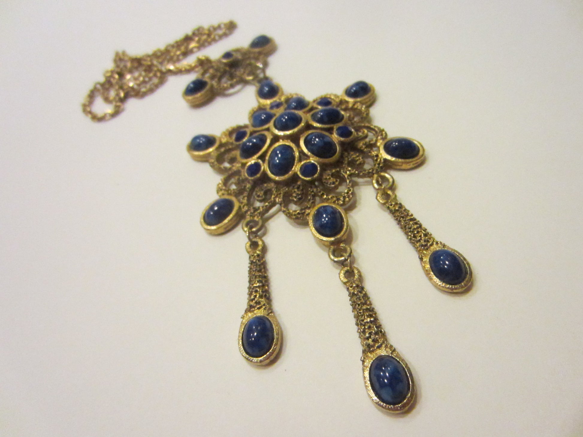 Starburst Necklace Blue Cabochons Flower Brass Pendant Chain Necklace - Designer Unique Finds 