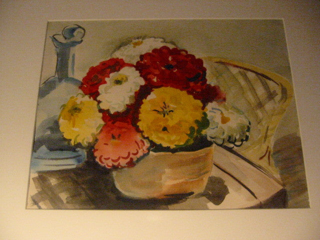 Still Life Watercolor Folk Art Flowers In Basket - Designer Unique Finds 