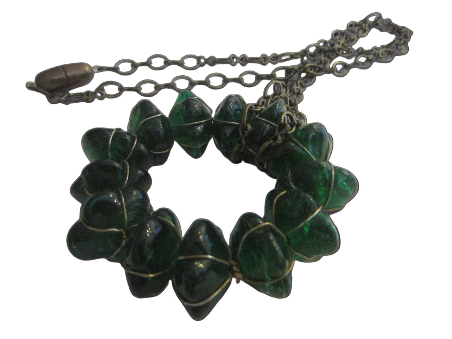 Venetian Green Glass Pendant Folk Art Link Necklace - Designer Unique Finds 