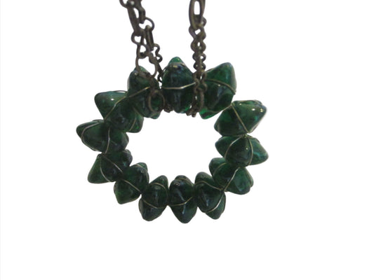 Venetian Green Glass Pendant Folk Art Link Necklace - Designer Unique Finds 