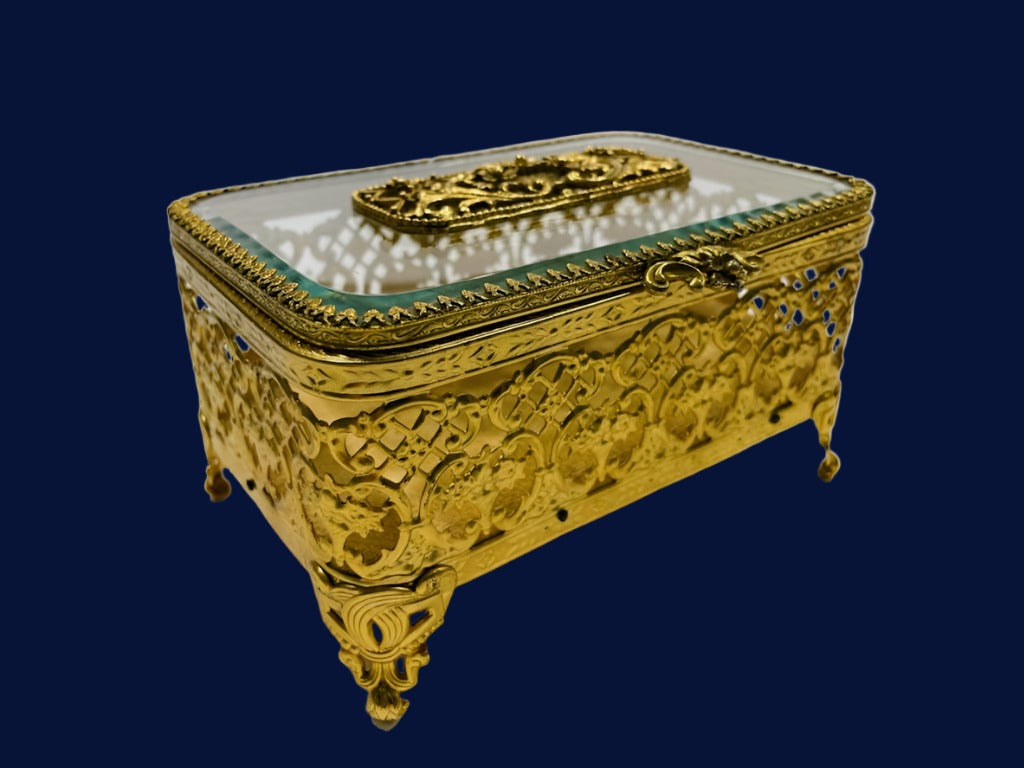 MOOCHI Golden Brass Vintage Glass Jewelry Box with 3 Drawers