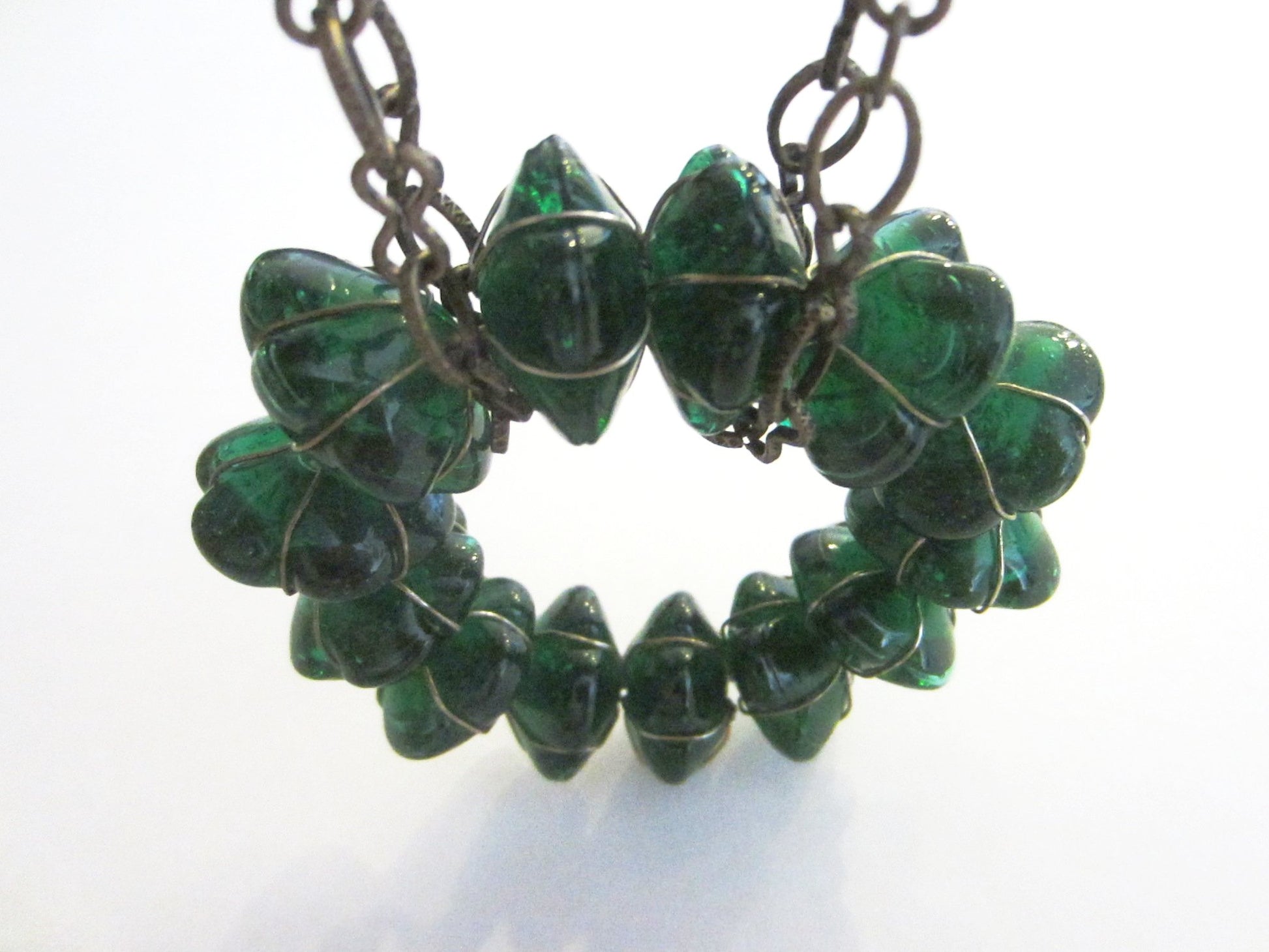 Venetian Green Glass Pendant Folk Art Link Necklace - Designer Unique Finds 