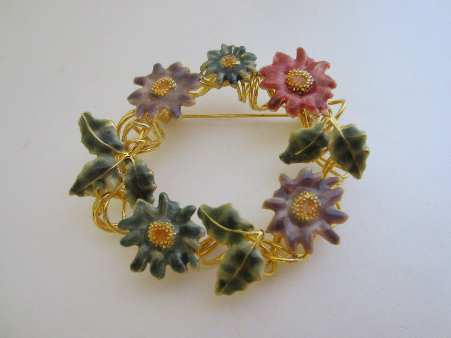 Mid Century Enamel Wreath Golden Flower Brooch - Designer Unique Finds 
 - 1