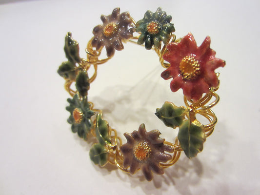 Mid Century Enamel Wreath Floral Golden Brooch