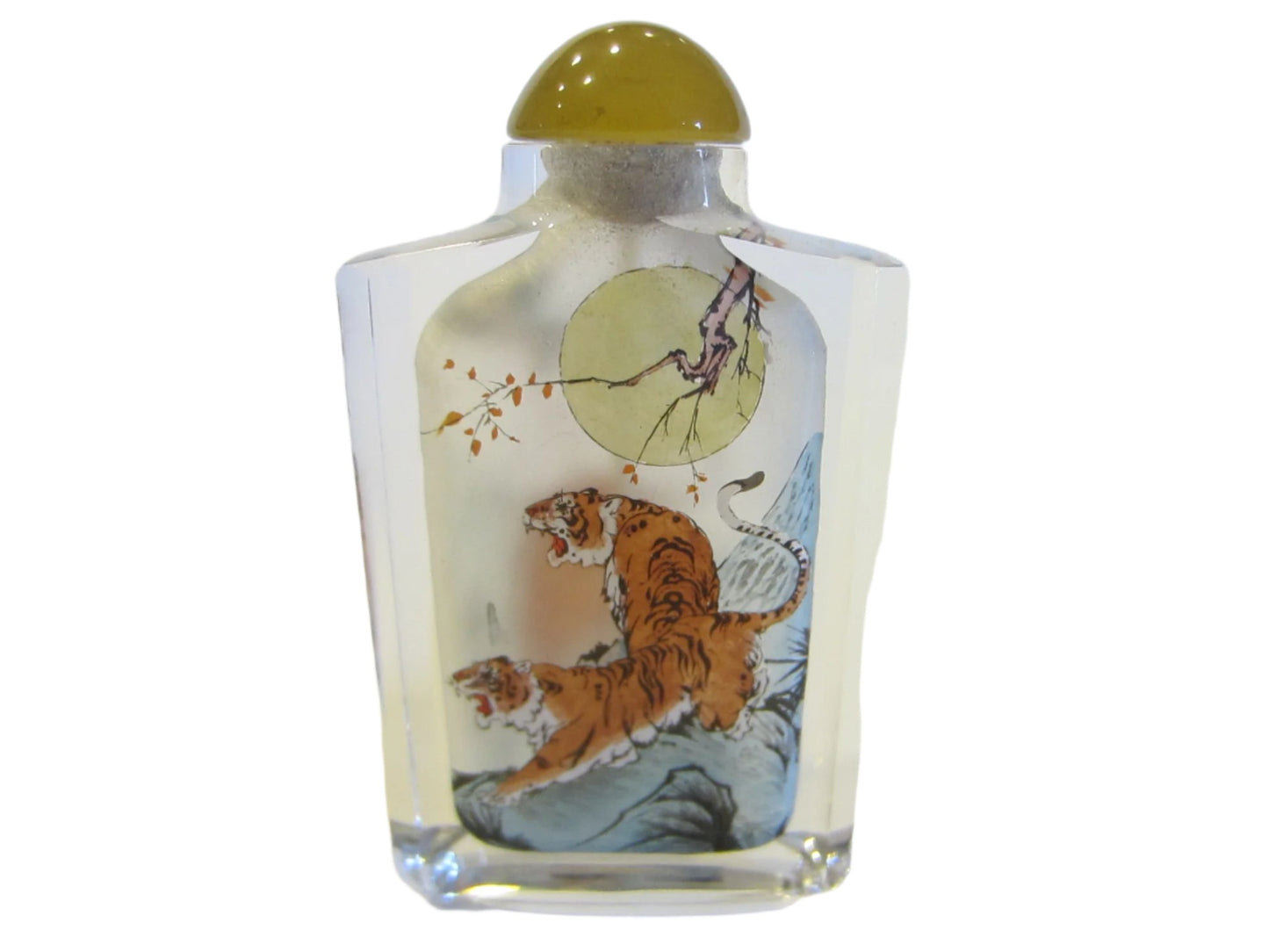 Interior Painted Glass Snuff Bottle Amber Stopper Moon Over Tiger - Designer Unique Finds 