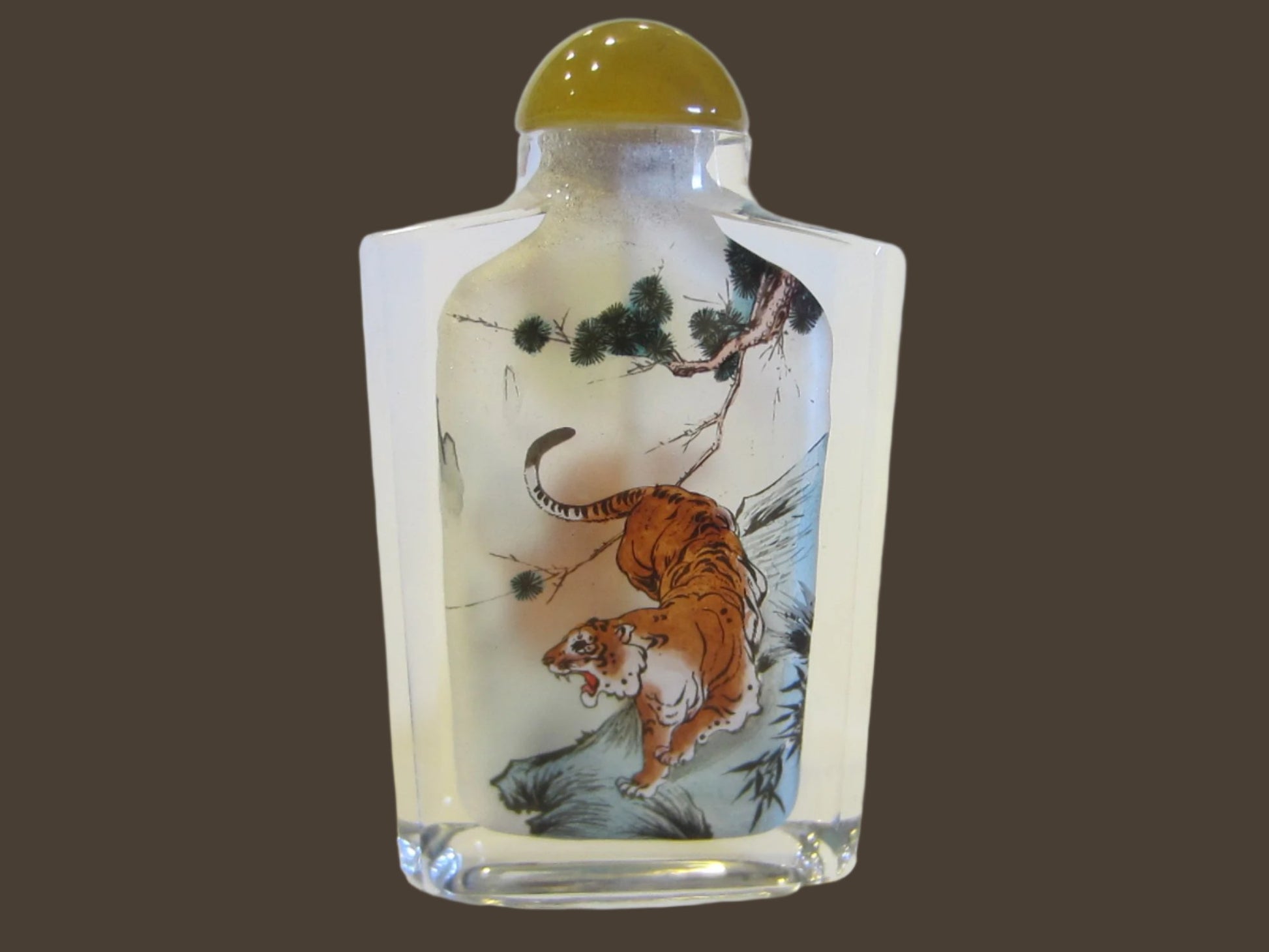 Interior Painted Glass Snuff Bottle Amber Stopper Moon Over Tiger - Designer Unique Finds 