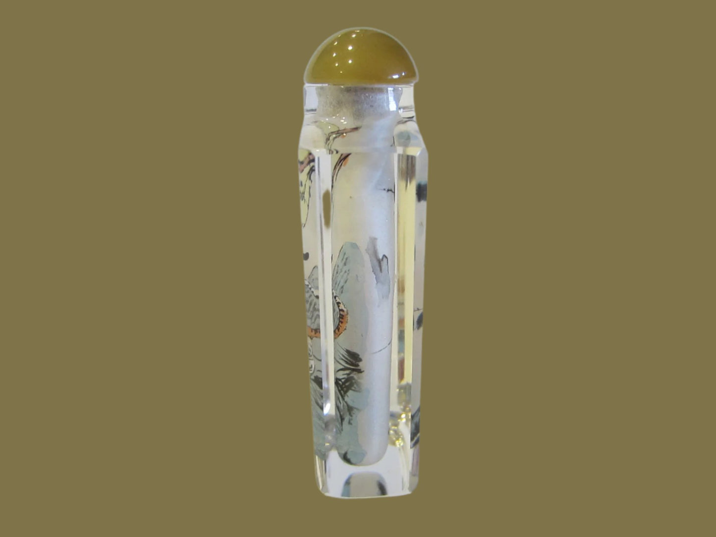 Interior Painted Glass Snuff Bottle Amber Stopper Moon Over Tiger - Designer Unique Finds 