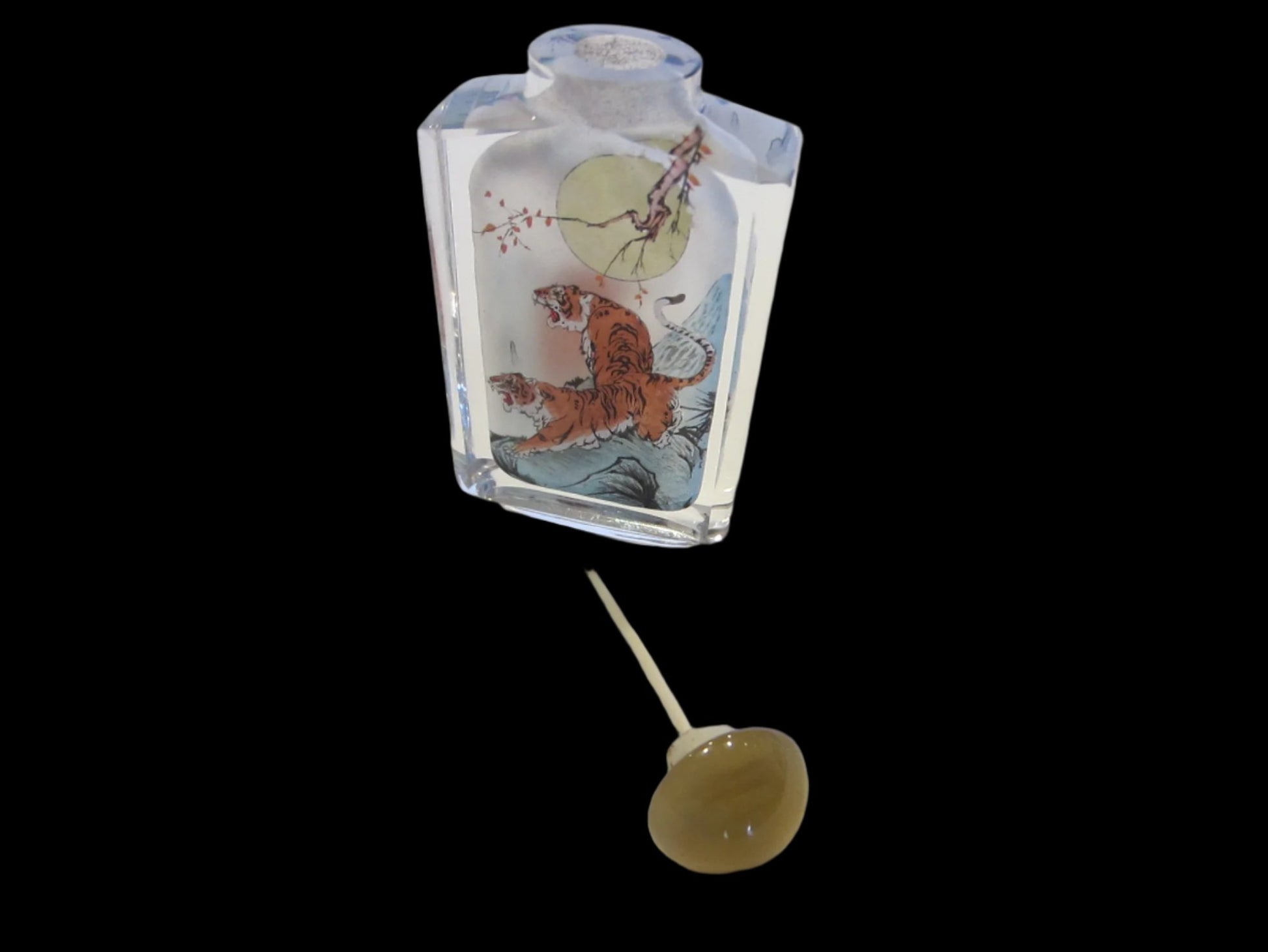 Interior Painted Glass Snuff Bottle Amber Stopper Moon Over Tiger - Designer Unique Finds 