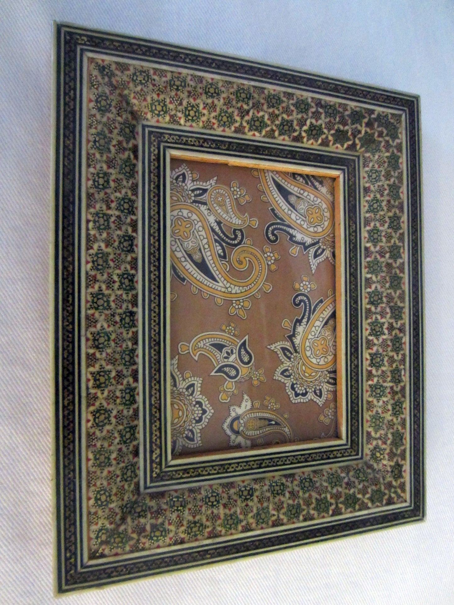 Persian Khatam Inlaid Wood Photo Frame Miniature Gilt Work Decorated - Designer Unique Finds 