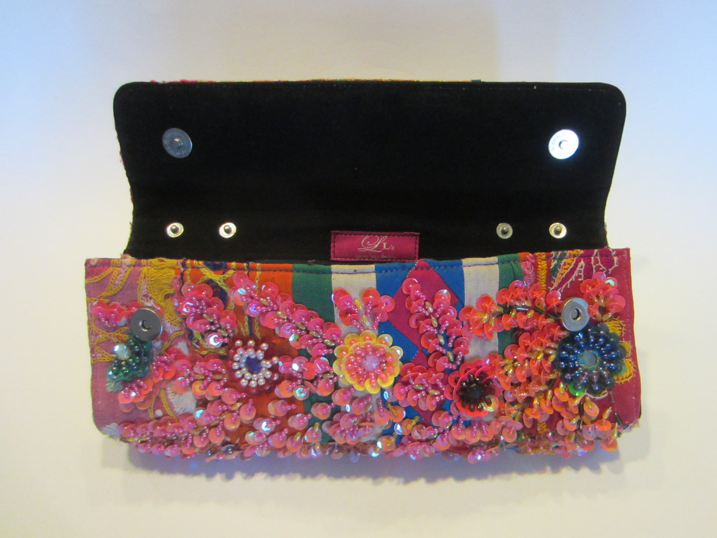 Beaded Clutch Laura Lees Designs Sequined Detached Leather Strap - Designer Unique Finds 