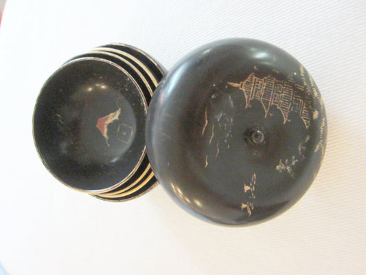 Black Japanese Lacquered Box Miniature Gilt Decorated Painted Nesting Bowls - Designer Unique Finds 