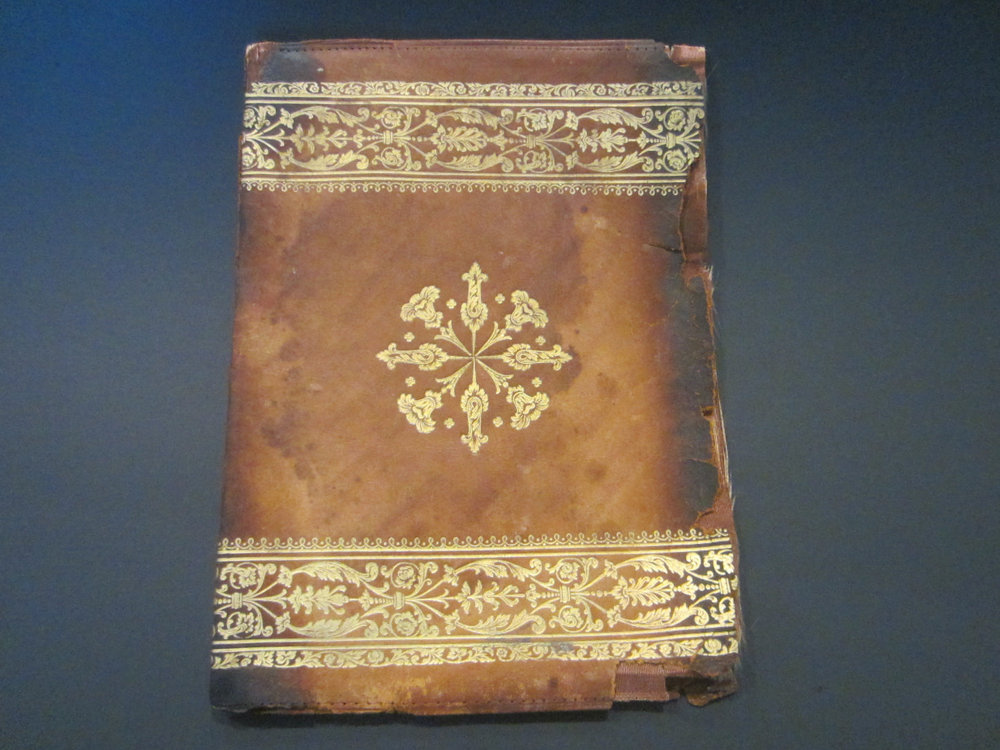 Italian Tan Leather Distressed Book Cover Gold Embossed