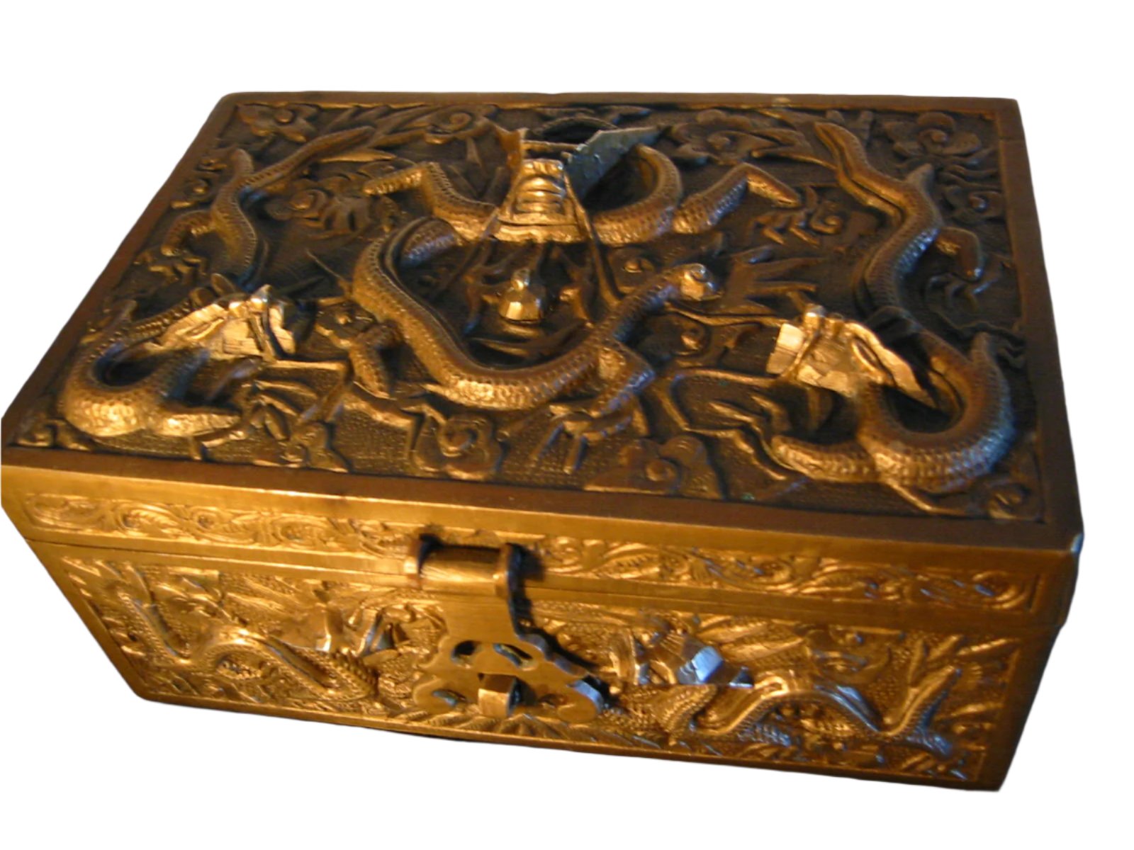 Early 20th Century Chinese Brass Tobacco Box Flying Dragons Humidor Interior Marked 