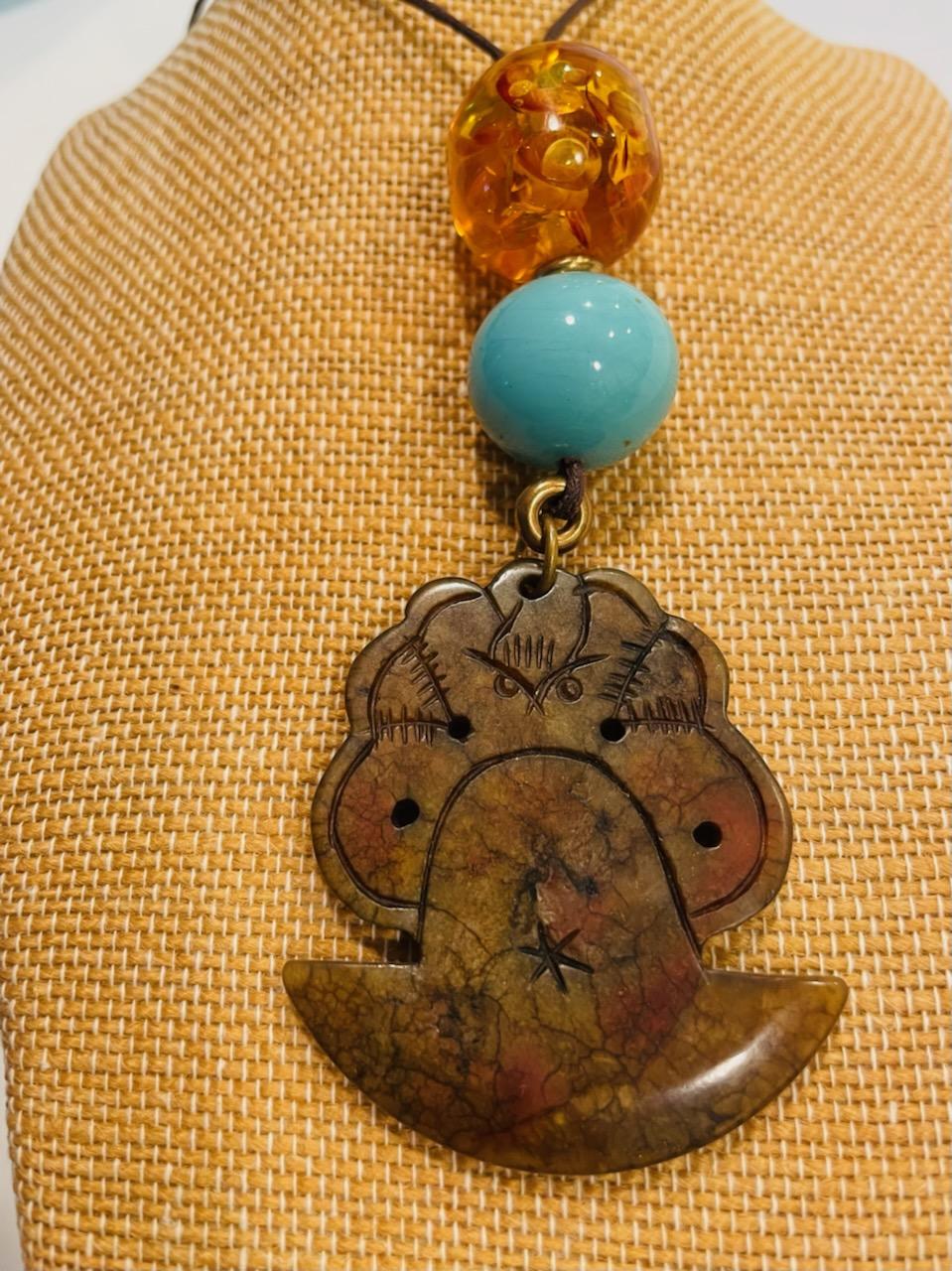 Asian Jade Pendant Artisan Folk Art Necklace