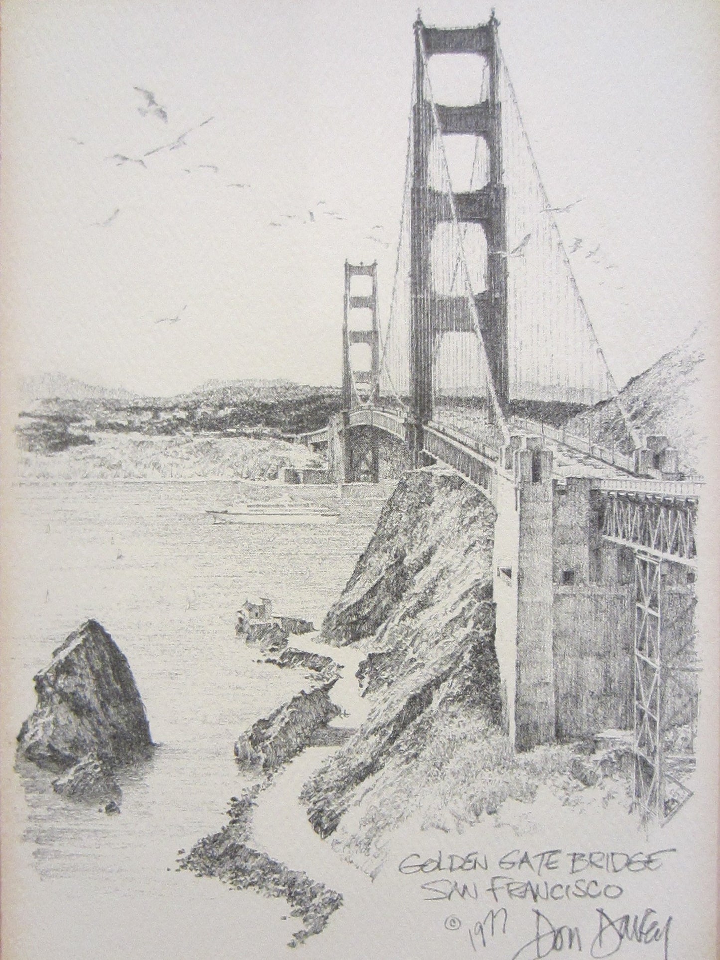 Don Davey San Francisco Golden Gate Bridge Mid Century Charcoal Art