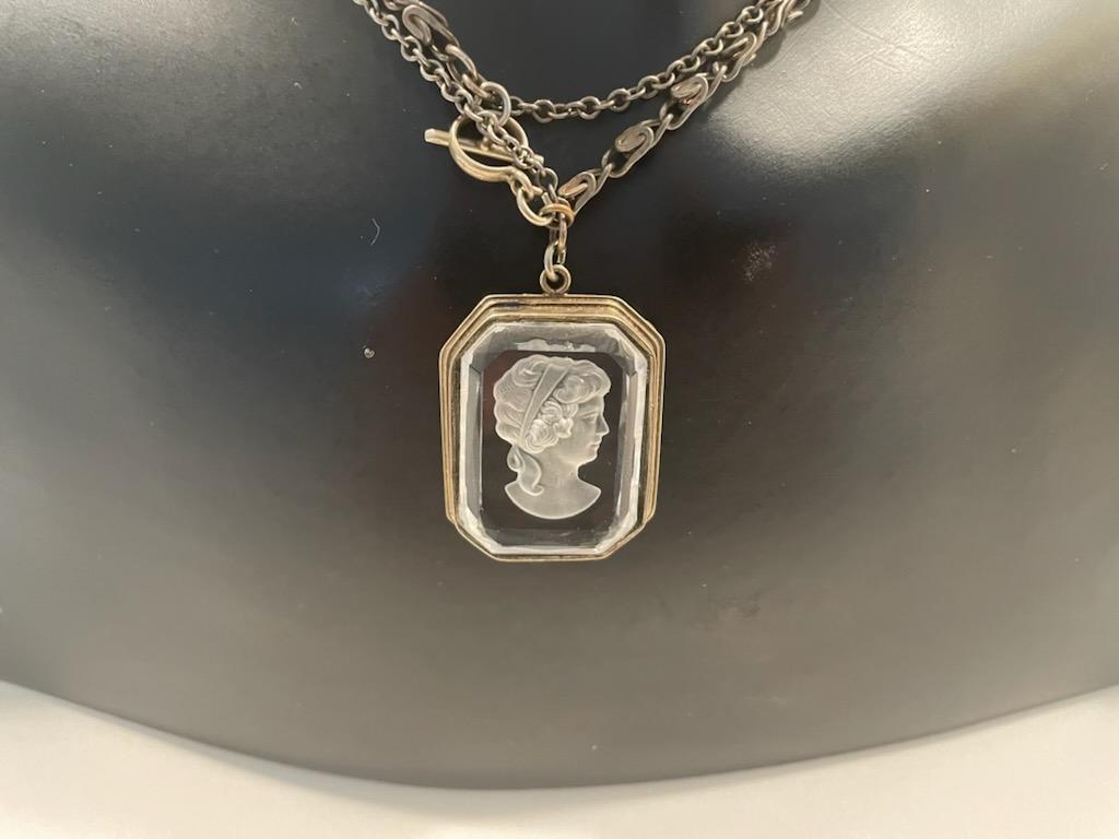 Cameo Baguette Cut Glass Portrait Pendant Uniquely Decorated Duo Chain Necklace