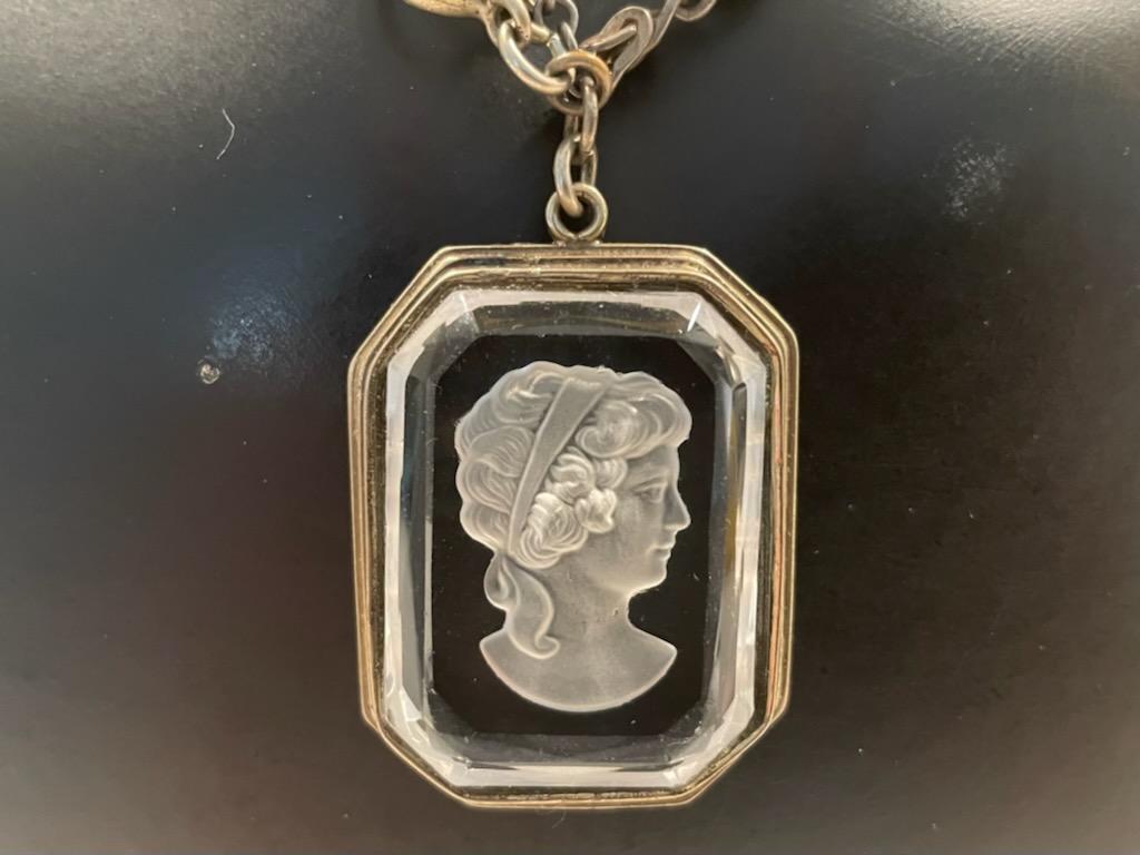 Cameo Glass Baguette Cut Portrait Pendant Unique Duo Chain Necklace