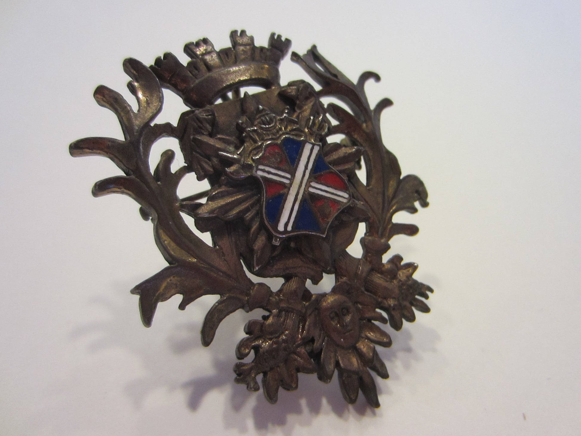 Heraldic Crowned Brooch Pendant Coat of Arm Enamel Shield Unique Face - Designer Unique Finds 