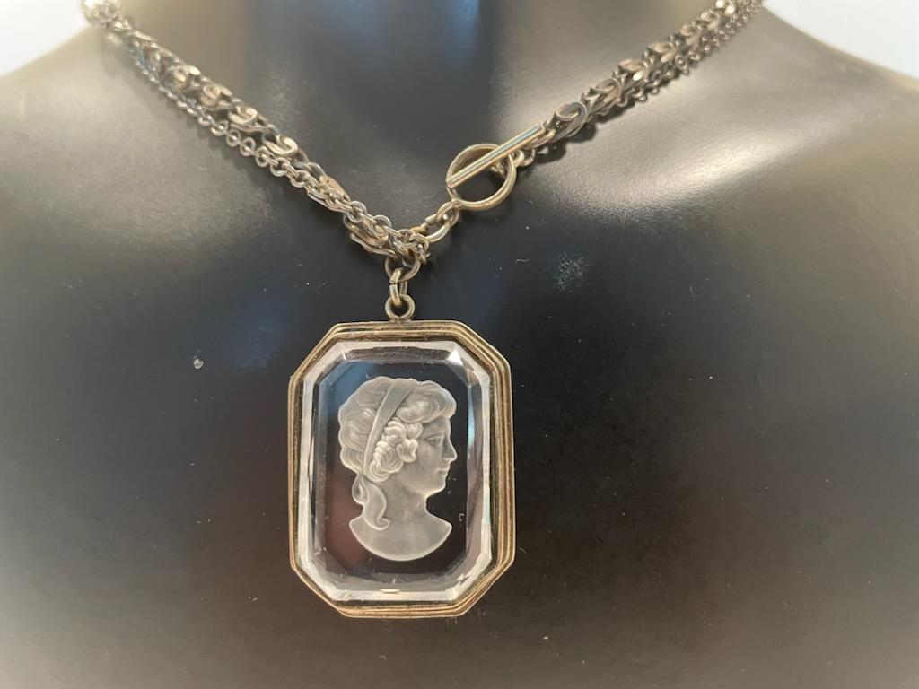 Cameo Glass Baguette Cut Portrait Pendant Unique Duo Chain Necklace