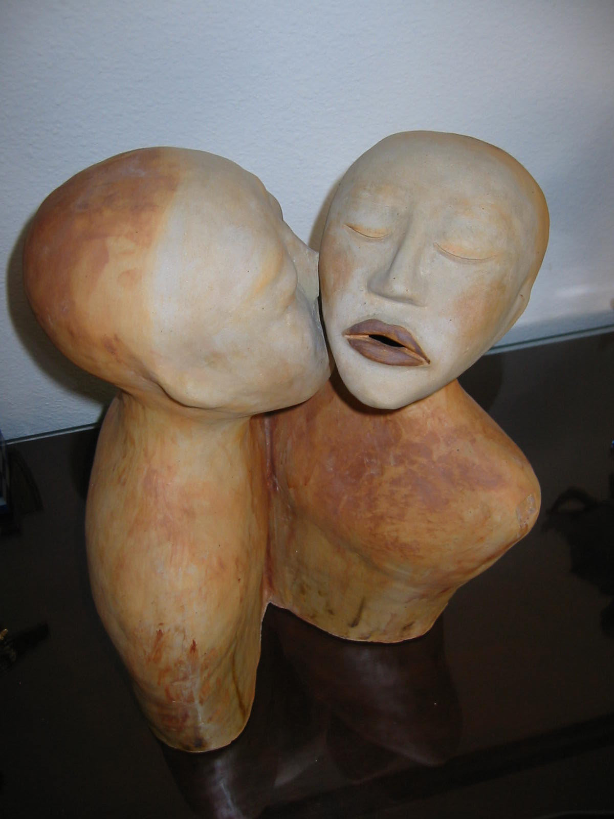 A Kiss Asian Terracotta Romantic Signature Sculpture - Designer Unique Finds 