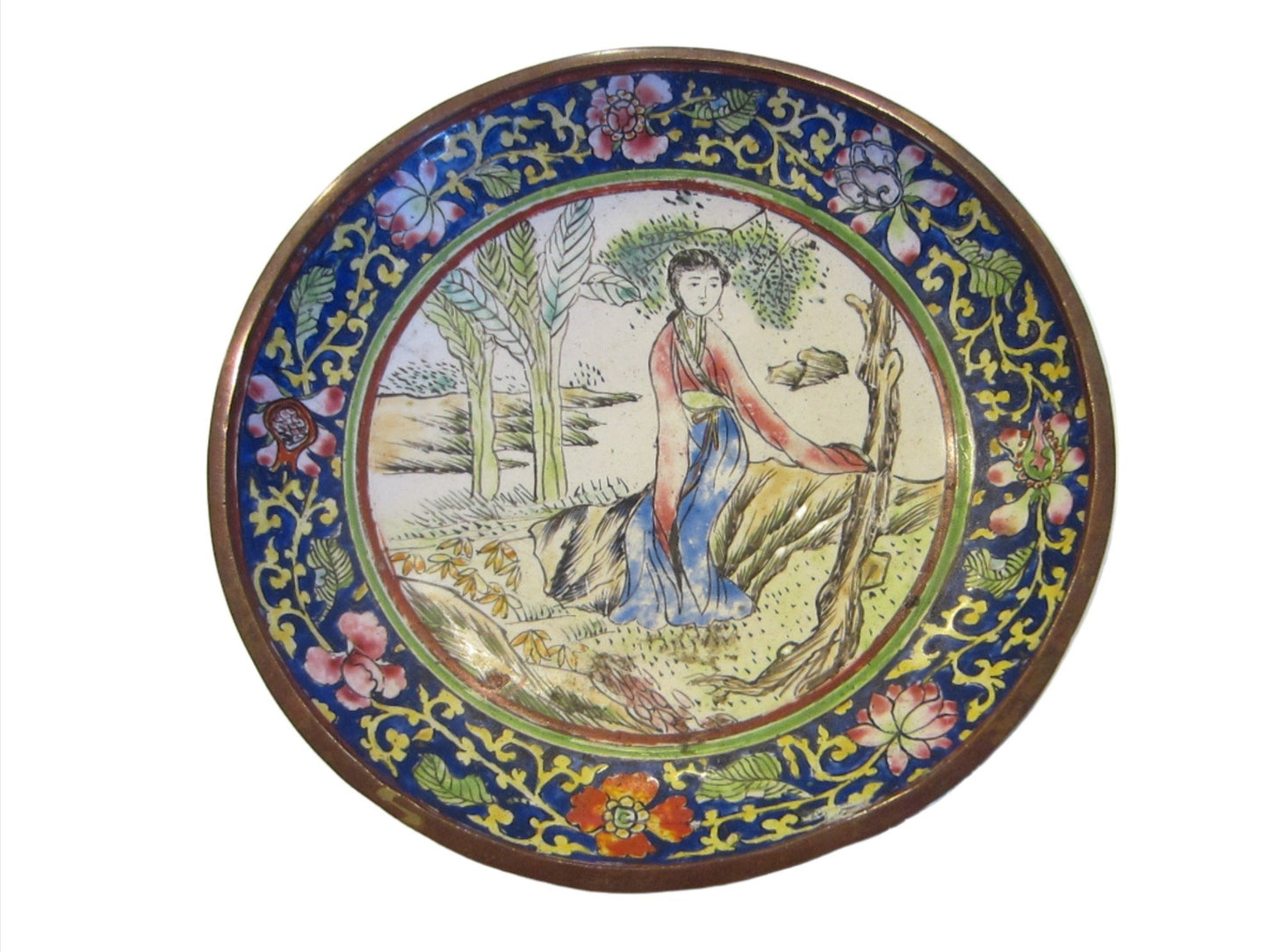 Famille Rose Canton Style Enamel Dish Figurative Portrait Lotus Flowers - Designer Unique Finds 