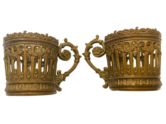 Antique Miniature Bronze Filigree Pair Cup Holders Made in France