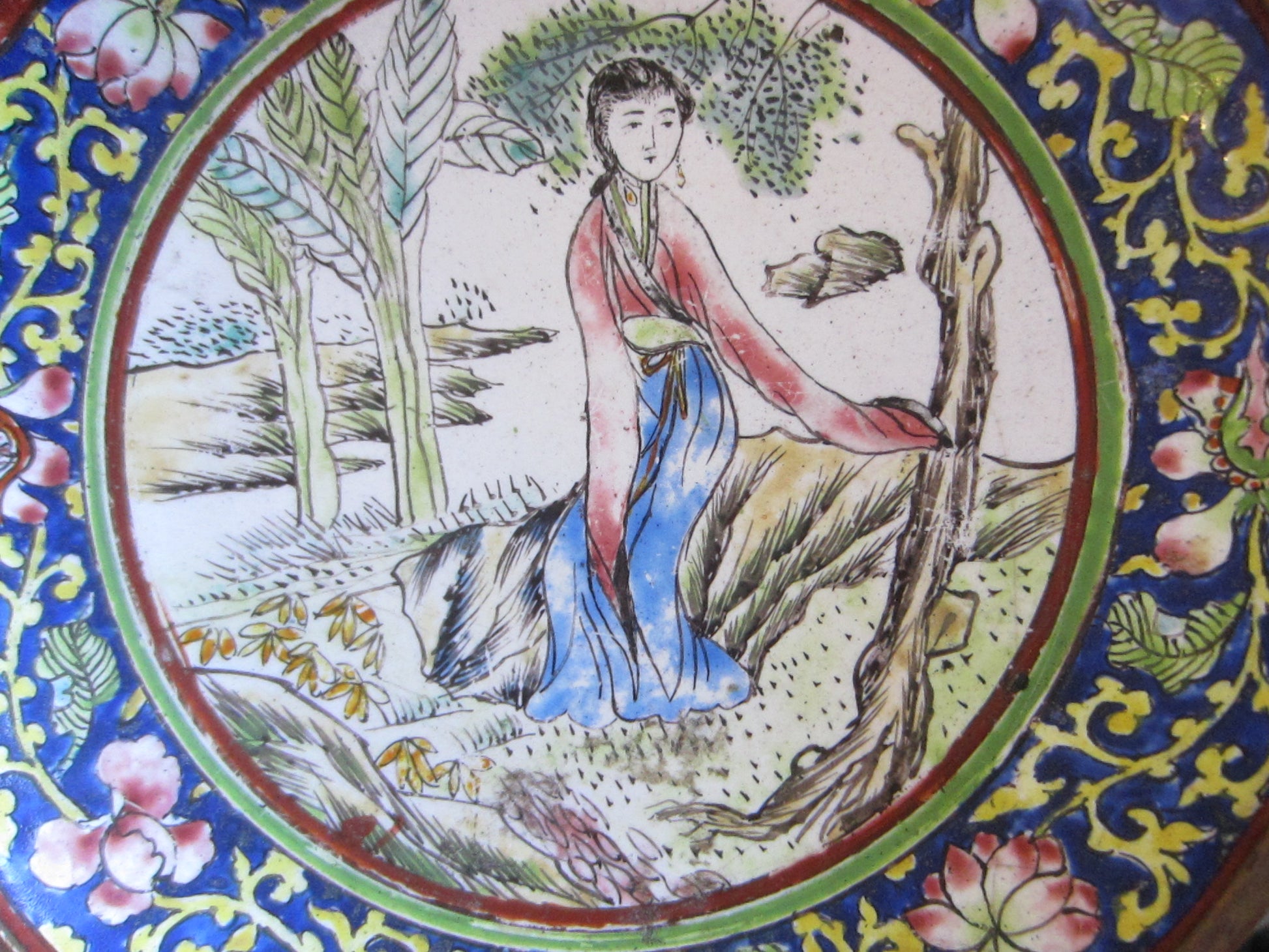 Famille Rose Canton Style Enamel Dish Figurative Portrait Lotus Flowers - Designer Unique Finds 