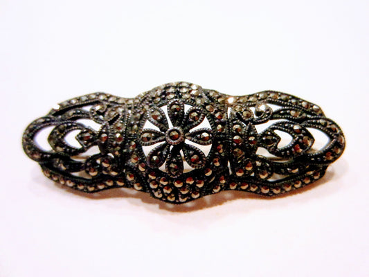 Judith Jack Silver Marcasite Bar Brooch Marked JJ Sterling