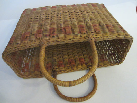 Folk Art Woven Shopping Basket Round Handles Accent Color